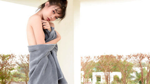 Adorable teen Sowan unveils her small titties and cute small cunt outdoors