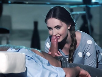 Man is busy working late at night but forgets about laptop as sweet girlfriend joins him. They tenderly make out and his dick becomes so hard he urgen