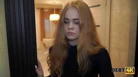 DEBT4k. Young debt collector throws the red-haired waitress a leg