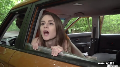 Skinny 19 driving student fucked in car outdoor by tutor