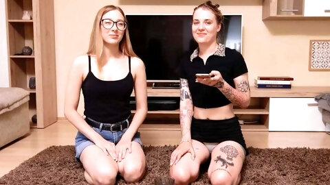 2 Seductive Lesbian Teens Play Strip Head Shoulders Knees Game with Sex Toys
