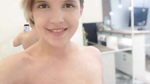 Cute amateur teen poses in stockings only in the mirror while filming herself