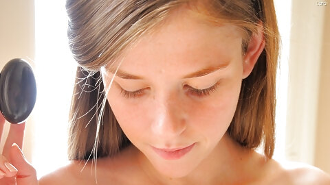 Shy girlfriend Lara squeezes her natural tits and sticks bananas in her twat